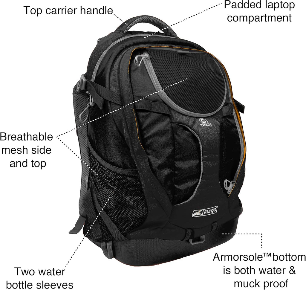Kurgo G-Train - Dog Carrier Backpack for Small Pets - Cat & Dog Backpack for Hiking, Camping or Travel - Chest Straps & Hip Belt - Reflective - Two Water Bottle Sleeves - Waterproof Bottom (Black)