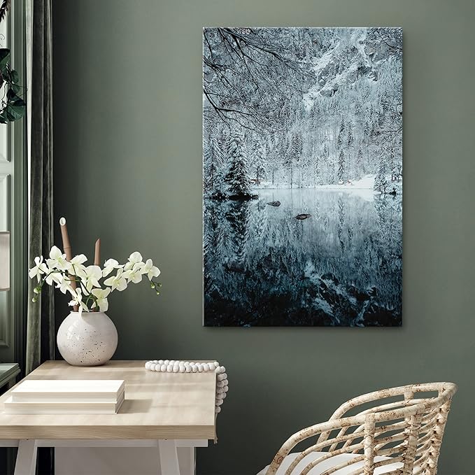 SIGNWIN Canvas Wall Art Woodland Nursery Decor Magical Winter Reflection Lake Nature Forest Photography Realism Rustic Scenic Dramatic Multicolor Cool for Living Room - 16"x24" inches