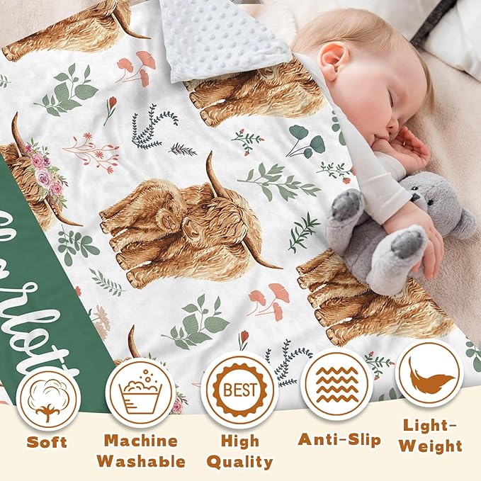 Personalized Baby Name Blanket for Boy Girl, Soft Flannel Blanket with Double Layer Dotted Backing for Infant Newborn, Nursery Crib with Floral Highland Cow Design, Gifts for New Mom(30”x40)
