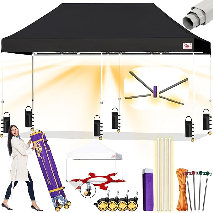 Tradesparker 10x20 Pop Up Canopy Tent,Commercial Movable Canopy with ApexCore LED & Rugged Casters-Instant Easy Setup Shelter Canopies with Weight Bags & Stakes for Oudoor Events Markets Vendors,Black