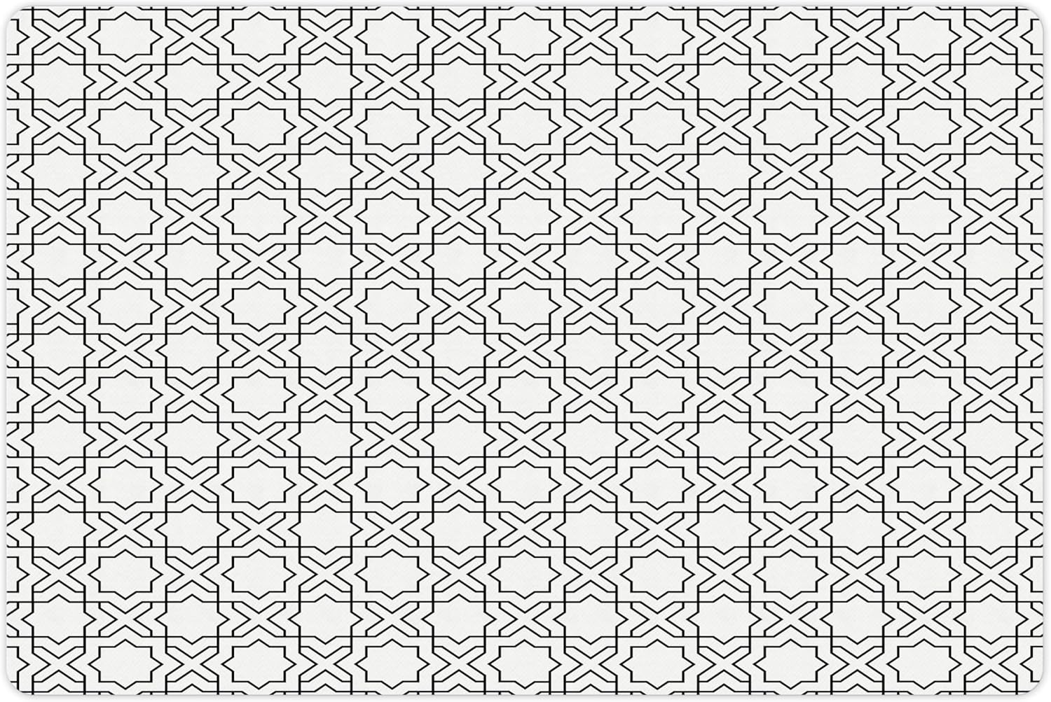 Lunarable Modern Pet Mat for Food and Water, Geometric Oriental Morrocan Design with Star Squares Lines Triangles Art Print, Non-Slip Rubber Mat for Dogs and Cats, 18" X 12", Off White