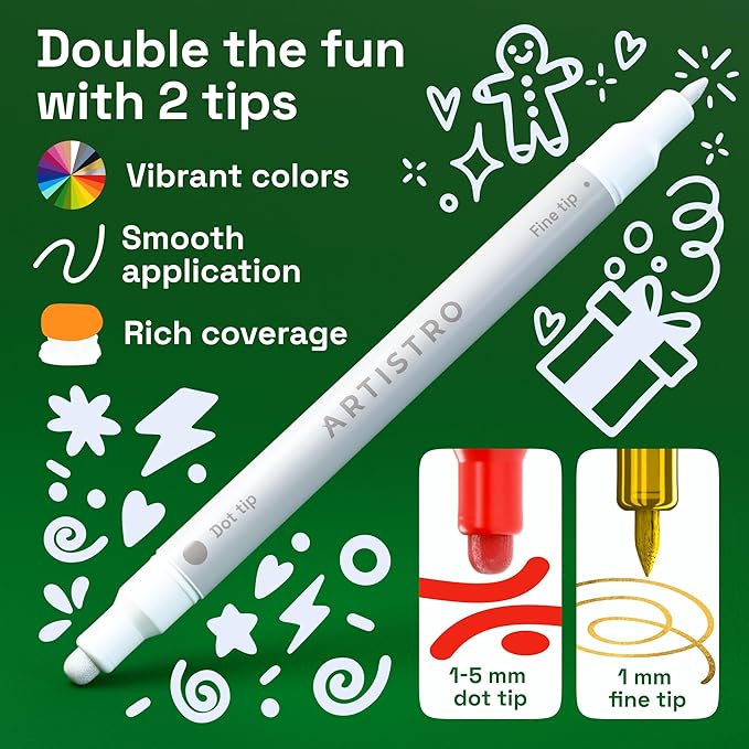 ARTISTRO 24 Acrylic Paint Markers for Rock, Fabric, Wood, Glass, Craft, Decoration - Dual-Tip Paint Pens - Stocking Stuffers, Christmas Gift Idea for Teens, Grandkids, Kids - Art Supplies