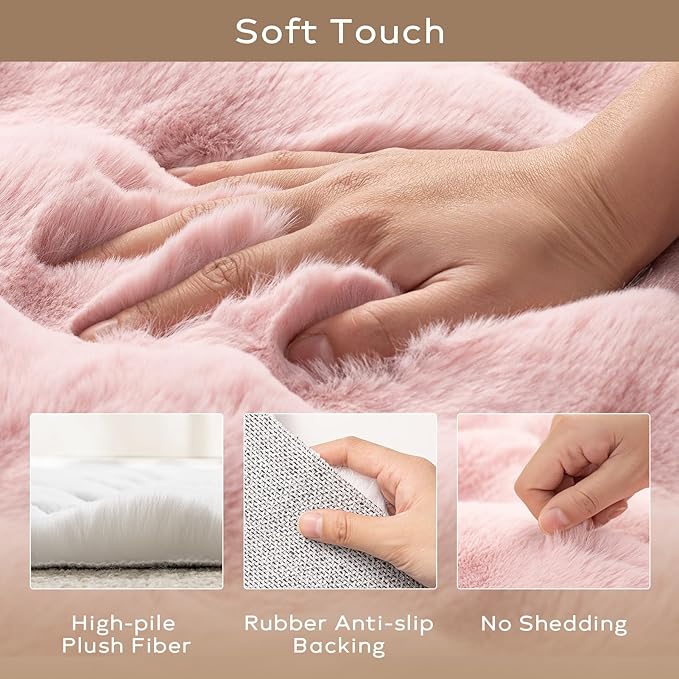 Ashler Faux Rabbit Fur Rug, Pink 3x5 FT Fluffy Soft Area Rug, Rectangle Fuzzy Carpet for Living Room, Bedroom, Machine Washable Shaggy Nursery Rug - 3D Bubble Rug