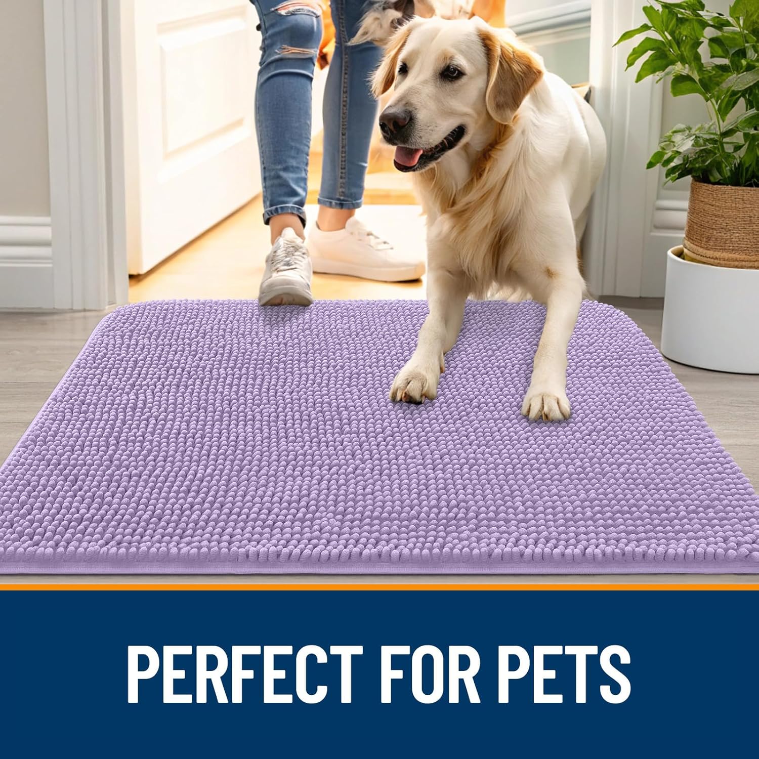 OLANLY Dog Door Mat for Muddy Paws 47x24, Absorbs Moisture and Dirt, Absorbent Non-Slip Washable Doormat, Quick Dry Chenille Mud Mat for Dogs, Entry Indoor Entryway Carpet for Inside Floor, Lavender