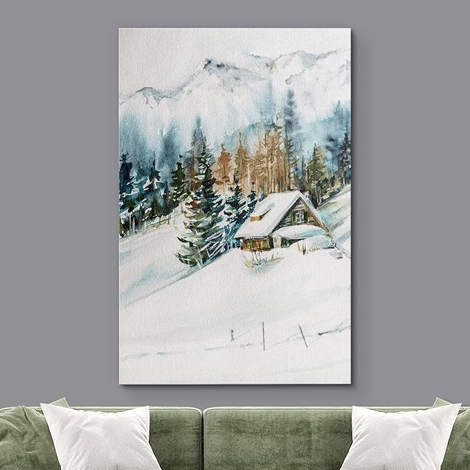 SIGNWIN Canvas Print Wall Art Woodland Nursery Decor Log Cabin Winter Snow Mountain Forest Nature Illustrations Modern Art Decorative Landscape Colorful for Living Room, Bedroom, Office - 12"x18"