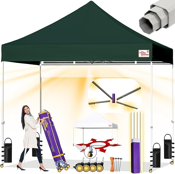 Tradesparker 10x10 Pop Up Canopy Tent,Commercial Movable Canopy with ApexCore LED&Rugged Casters-Instant Easy Setup Shelter Canopies with Weight Bags&Stakes for Oudoor Events Markets,Forest Green