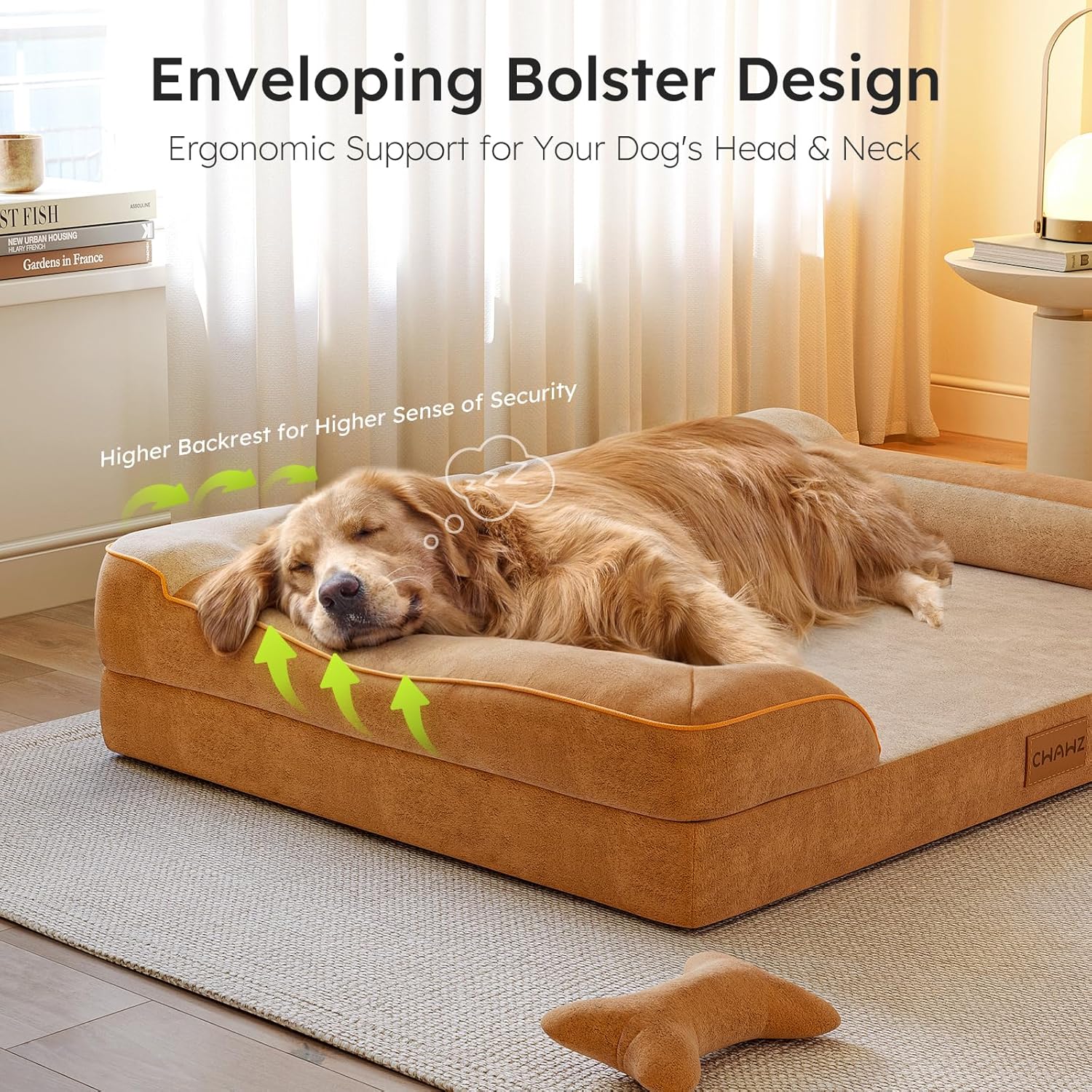 XXL Dog Bed for Extra Large Dogs, Giant Orthopedic Dog Bed with Cooling Gel Memory Foam, Waterproof Pet Bed with Removable Washable Cover, 53" Pet Sofa Bed Dutch Velvet with Bone Toy, Brown