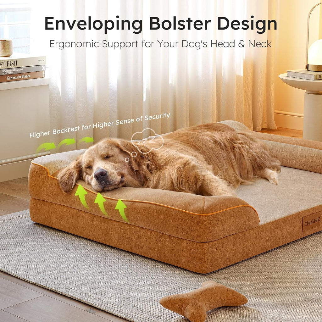 Dog Beds for Large Dogs, Orthopedic Dog Bed with Cooling Gel Memory Foam, Waterproof Large Pet Bed with Removable Washable Cover, 36" Pet Sofa Couch Dutch Velvet with Bone Toy, Brown