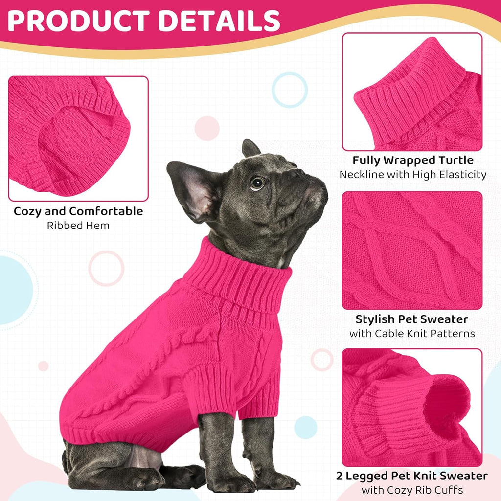 Queenmore Small Dog Pullover Sweater, Cold Weather Cable Knitwear, Classic Turtleneck Thick Warm Clothes for Chihuahua, Bulldog, Dachshund, Pug (Fuchsia, Large)