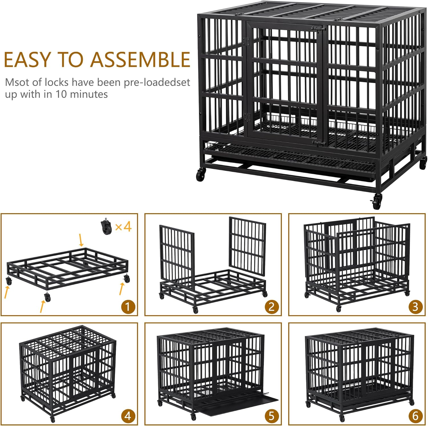 JY QAQA 38 Inch Heavy Duty Indestructible Dog Crate Double Doors Escape Proof Cage Kennel,Enhanced Metal Pet Cage,Extra Large XL XXL Crate Indoor for Large Dog with Removable Tray and Lockable Wheels