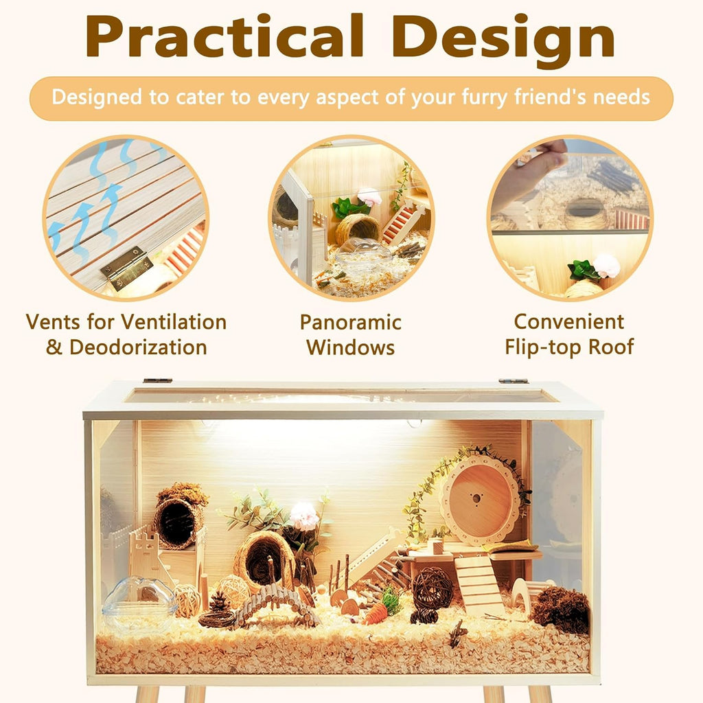 Prolee Hamster Cage Wooden Chew Proof, Extra Large Mice and Rat Habitat Openable Top with Acrylic Sheets Solid Built Small Animal Cage with Leg Stands, 24 Inch Long