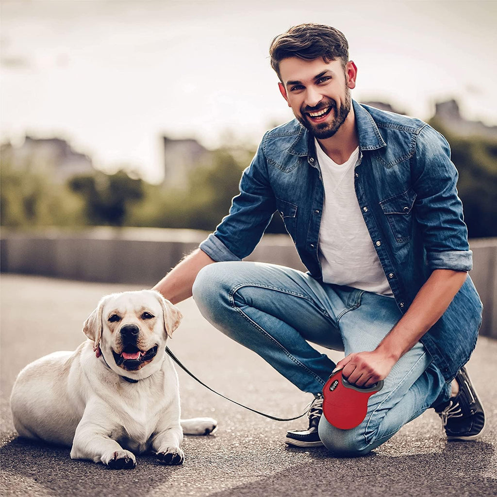DOCO Retractable Dog Leash for Large Dogs (Length - 13ft, Weight - Upto 22lb) Reflective Tape Lead with Stop and Lock Control, Tangle Free 360° Swivel Snap & Anti-Slip Grip (Red, Small)