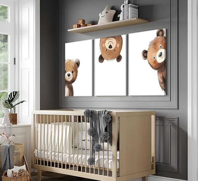 3Pcs Baby Teddy Bear Nursery Wall Art Peeking Bear Pictures Wall Decor Peekaboo Kids Room Decor Woodland Animal Posters Neutral Nursery Painting Canvas Print Artwork for Children's Baby Room Bedroom