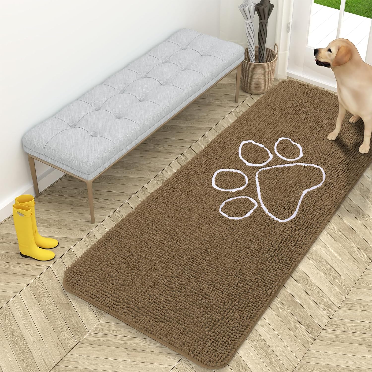OLANLY Door Mat for Muddy Dog Paws 59x24, Ultra Absorbent Chenille Mud Doormat with Paw Print Design, Non-Slip Washable Doormat for Indoor Entryway, Quick-Dry Pet Bed Mats for Dirty Dogs, Tan