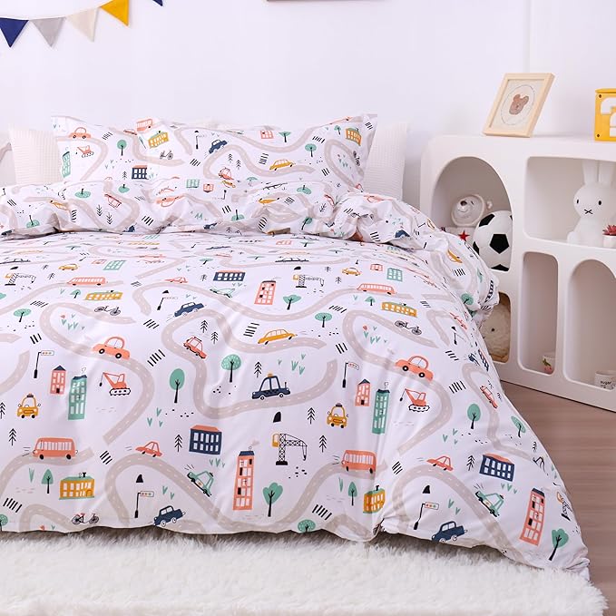 JSD Kids Duvet Cover Set Queen Size, 3 Piece Cars Printed Microfiber Comforter Cover with Pillow Sham Zipper Closure, Comforter Not Included