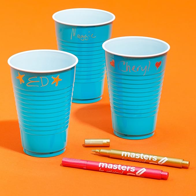 Washable Beverage Markers Set | Non-Toxic, Erasable Ink Writing on Cold Drinks, Bottles, Plastic Cups, Mirrors | 4 Assorted Metallics, 1 Black Oil-Based Pen, Sticker Labels, Metallic