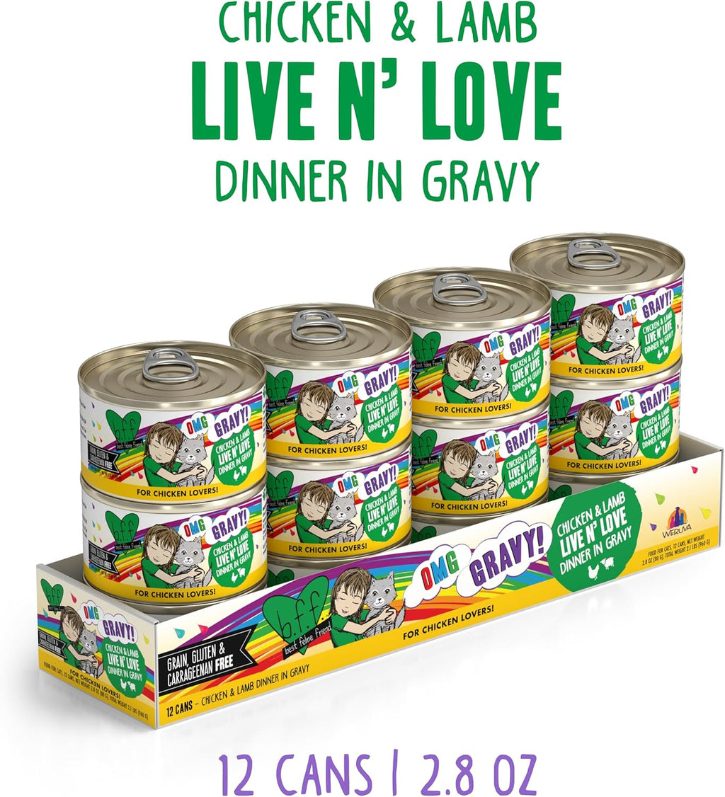 Weruva B.F.F. OMG - Best Feline Friend Oh My Gravy!, Chicken & Lamb Live N' Love with Chicken & Lamb in Gravy, 2.8oz Can (Pack of 12)