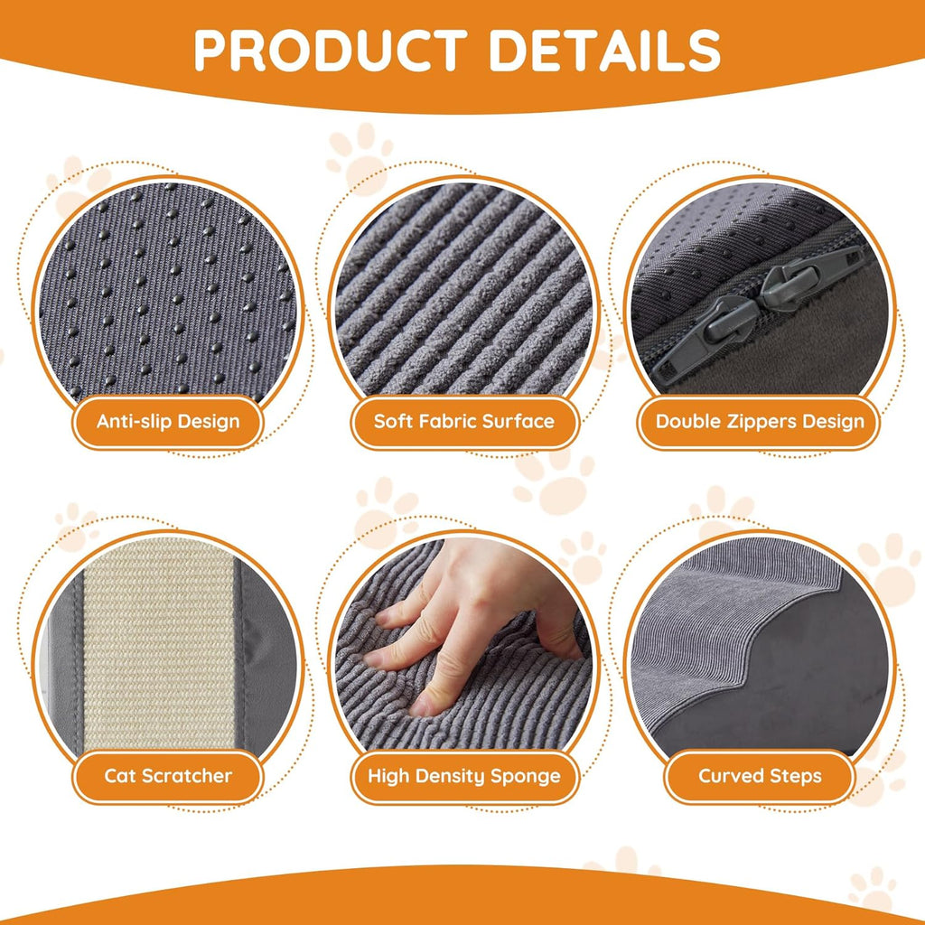 Pet Stairs, Dog Stairs for Small Dogs, Dogs Steps, 3-Step Curved Dog Ramp for Bed, Couch, Sofa, Car and Chairs, Non-Slip Bottom Design, Cat Scratching Board, High Density Foam Portable Pet Step, Grey