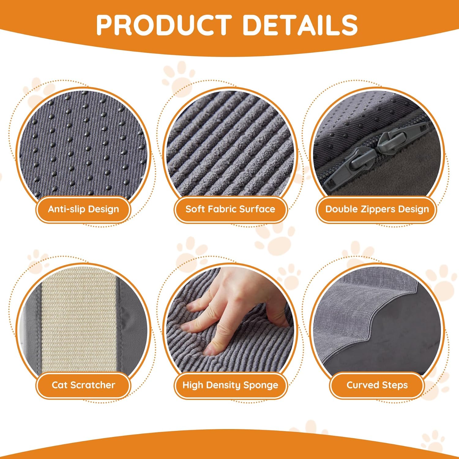 Pet Stairs, Dog Stairs for Small Dogs, Dogs Steps, 5-Step Curved Dog Ramp for Bed, Couch, Sofa, Car and Chairs, Non-Slip Bottom Design, Cat Scratching Board, High Density Foam Portable Pet Step, Grey