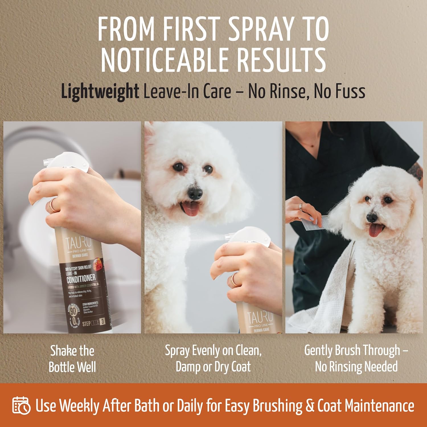 Tauro Pro Line Dog Conditioner Spray for Itchy Skin - Soothes Dry, Sensitive Skin, Calms Itching from Allergies, Dandruff - Leave in Pet Conditioner for Dogs, Cat & Puppy (Derma Care 8.5 Fl Oz)