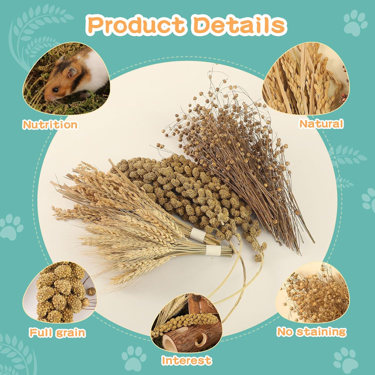 Hamster Spray Set - Natural Snack Grains & Chew Toys for Cage Decoration Accessories, Soft Bedding for Dwarf Syrian Hamsters, Gerbils, Mice & Small Pets