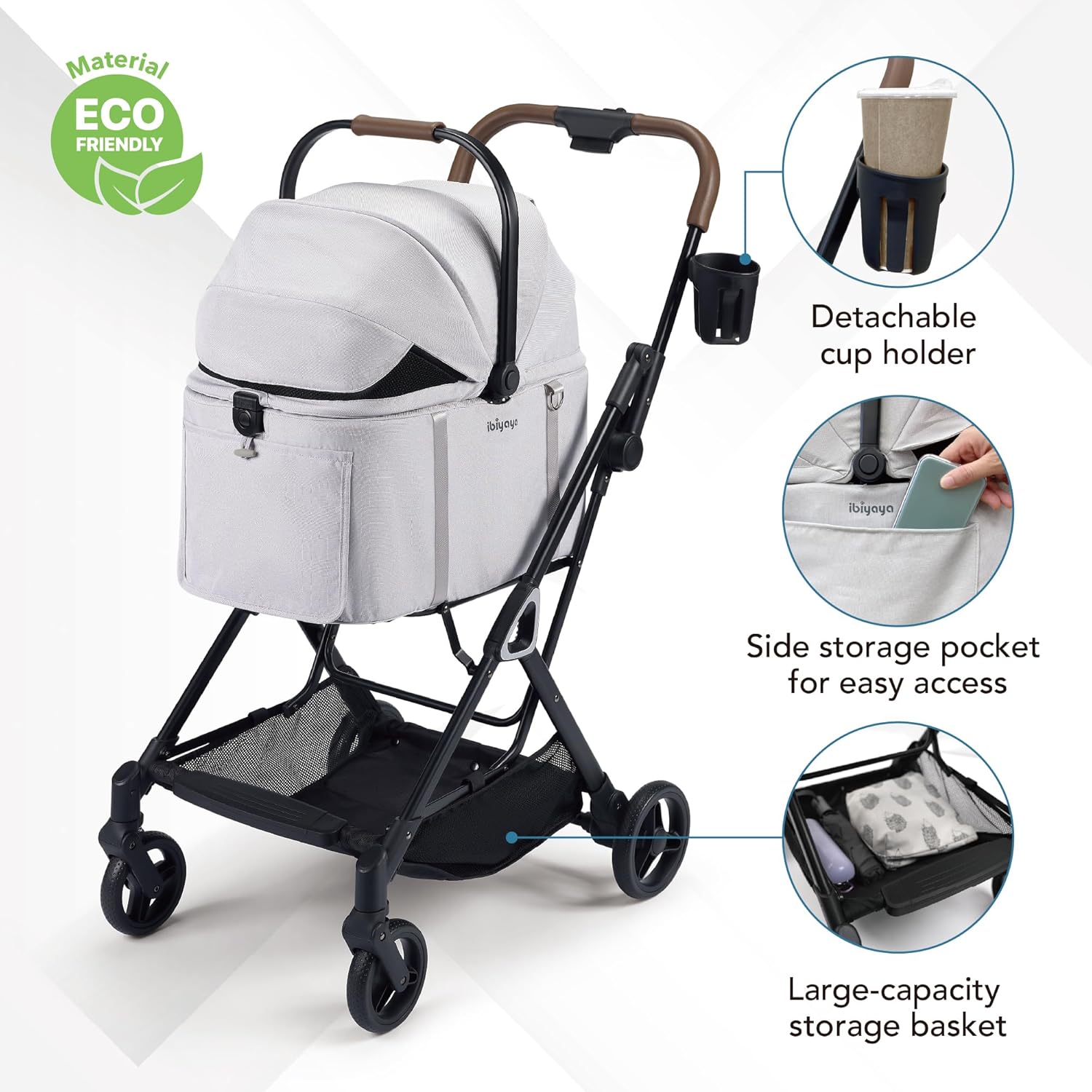 ibiyaya Tinker Pet Stroller for Small Dogs and Cats – 3-in-1 Pet Carrier, Dual-Opening Canopy, No-Flat Wheels, Vegan Leather Handle, Large Storage Basket (Silver Gray)