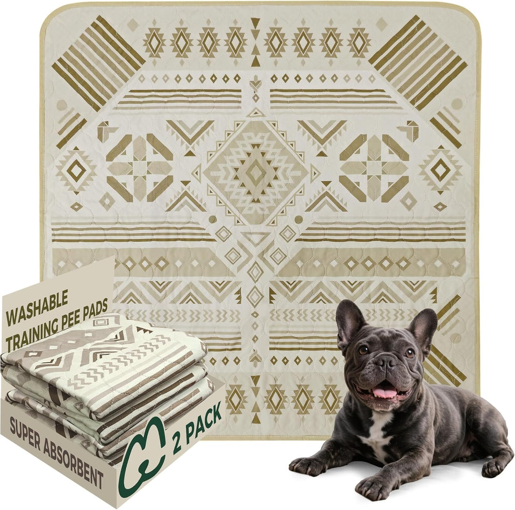 FXW Washable Pee Pads for Dogs, Puppy Pads with Super Absorbent, Specifically Designed for Potty Training, 35" Square, Khaki Geometric, 2 Packs