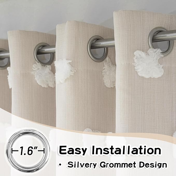 MYSKY HOME Kids Curtains for Girls Bedroom Double Layer Curtain for Daughter Room 72 Inches Long Pom Pom Sheer Drapes Beige Curtains for Living Room Grommet Room Darkening Panels W52 X L72
