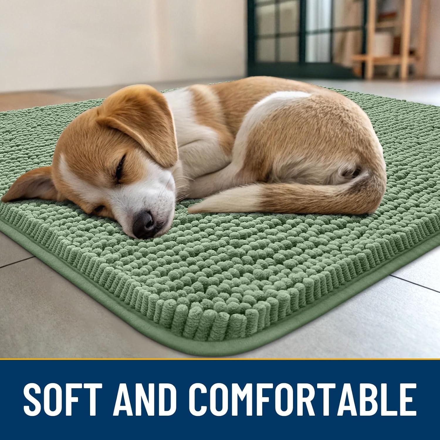 Smiry Dog Door Mat for Muddy Paws 30x20, Absorbs Moisture and Dirt Doormat, Non-Slip Washable Quick Dry Chenille Front Door Mat Indoor Entrance, Entryway Carpet for Inside Floor, Olive Green