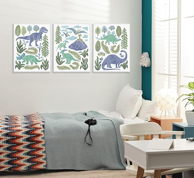 Baby Boys Nursery Wall Art Blue Green Dinosaur Pictures Wall Decor Stegosaurus T-Rex Triceratops Pterodactyl Posters Artwork Watercolor Dino Painting Canvas Prints for Kids Room Toddler Boy Room Decor