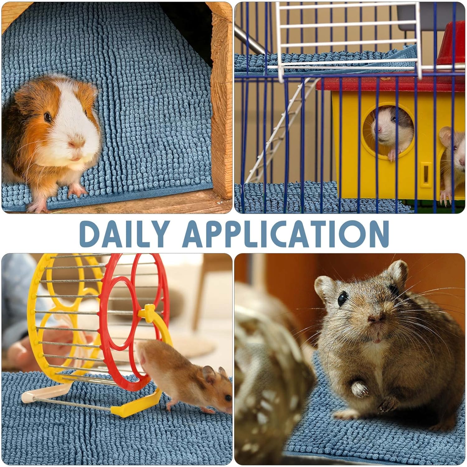 Amylove 4 Pcs Guinea Pig Cage Liner Guinea Pig Bedding Washable Fleece Pee Pads Reusable Small Animals Training Mat Small Animal Sleeping Bed for Bunny Hamster(Blue,16 x 24 Inch)