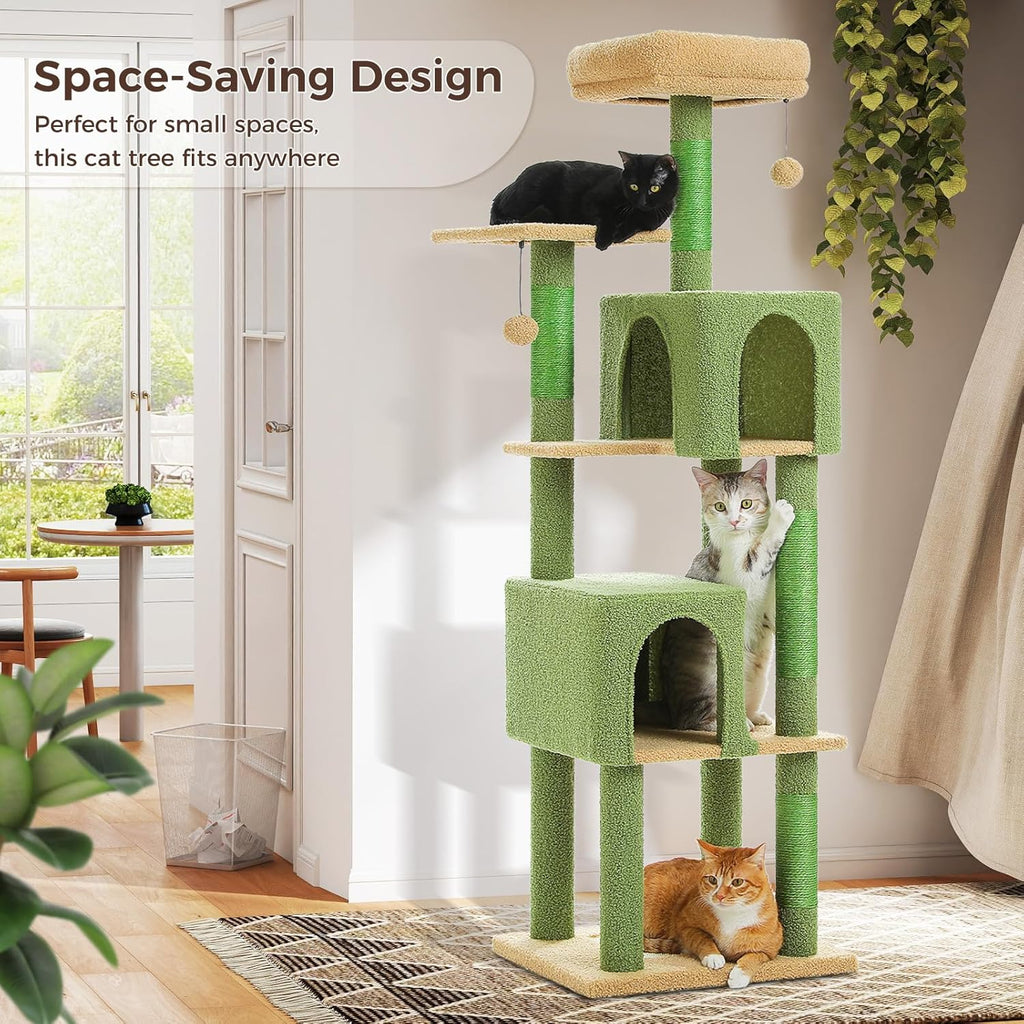 Cactus Cat Tree, 62-Inch Large Cat Tower for Multi-Cat Households w/Scratching Posts, Multi-Level Condo w/Cozy Top Perch & Scratching Pad, Padded Platform, 2 Pompoms, Green
