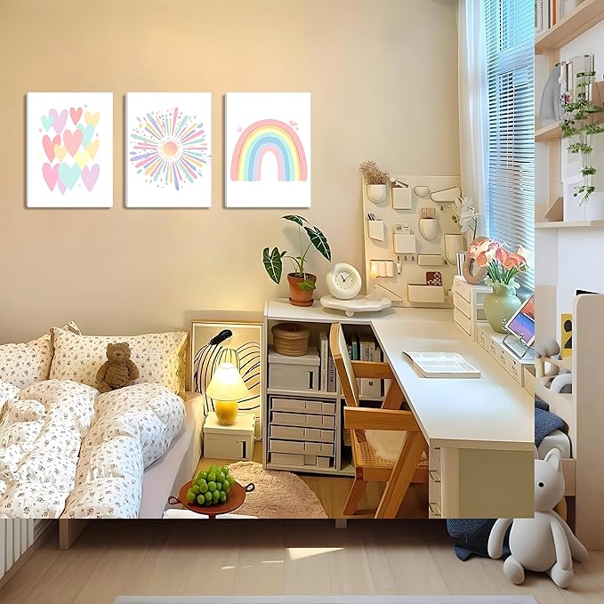 Framed Girls Rainbow Canvas Wall Art Set of 3, Colorful Boho Sun Nursery Wall Decor Painting, Kids Heart Picture Posters Prints for Classroom Kids Room Baby Room Bedroom Dorm Decor 16x24 In