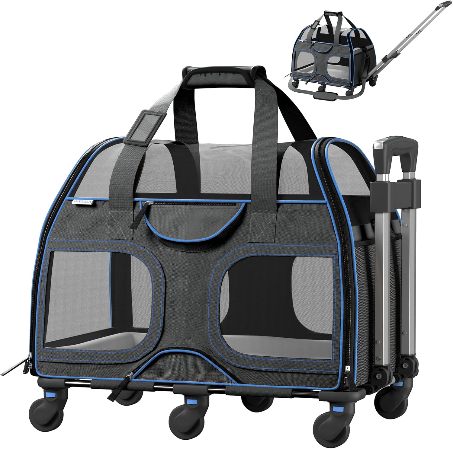 Katziela Pet Carrier - Airline Approved Dog Carrier - TSA Approved Pet Carrier for Small Dogs and Cats - Soft FAA Travel Airplane Dog Carrier Luggage (Black/Blue)