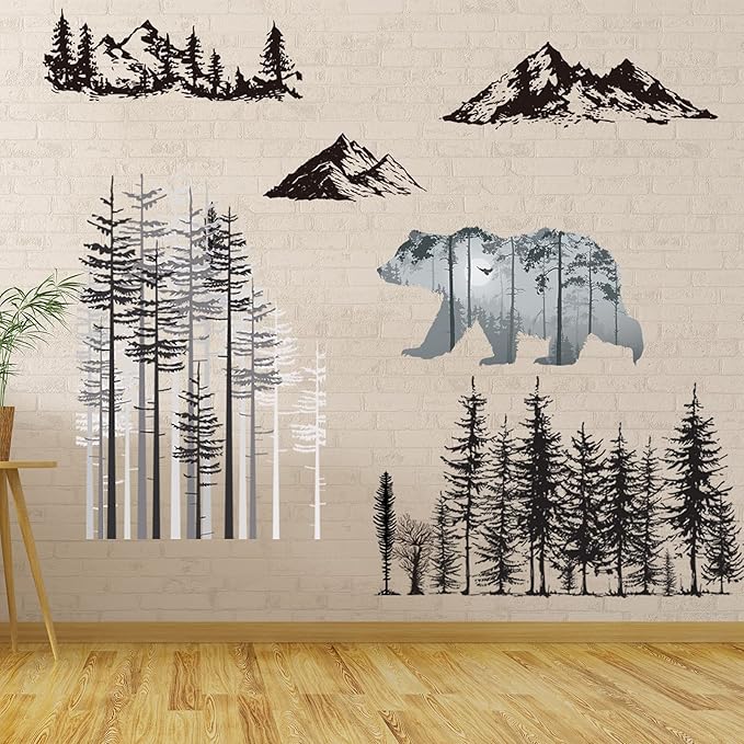 Outus 3 Sheets Mountain Forest Bear Wall Decals Stickers Pine Tree Wall Decals Woodland Trees Wall Stickers Forest Decals for Kids Nursery Bedroom Living Room Decor,11.8 x 35.4 Inches