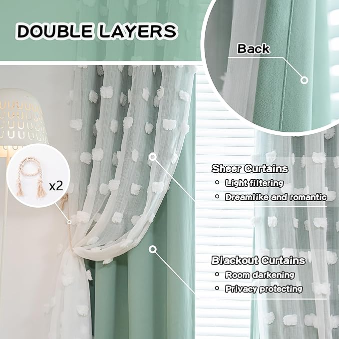 MYSKY HOME Room Darkening Curtains White Sheer Pom Pom Curtains for Living Room Aqua Blackout Curtains for Sliding Door Decor Drapes Double Layer Window Panels Boys Bedroom Grommet Set of 2 W52 X L95