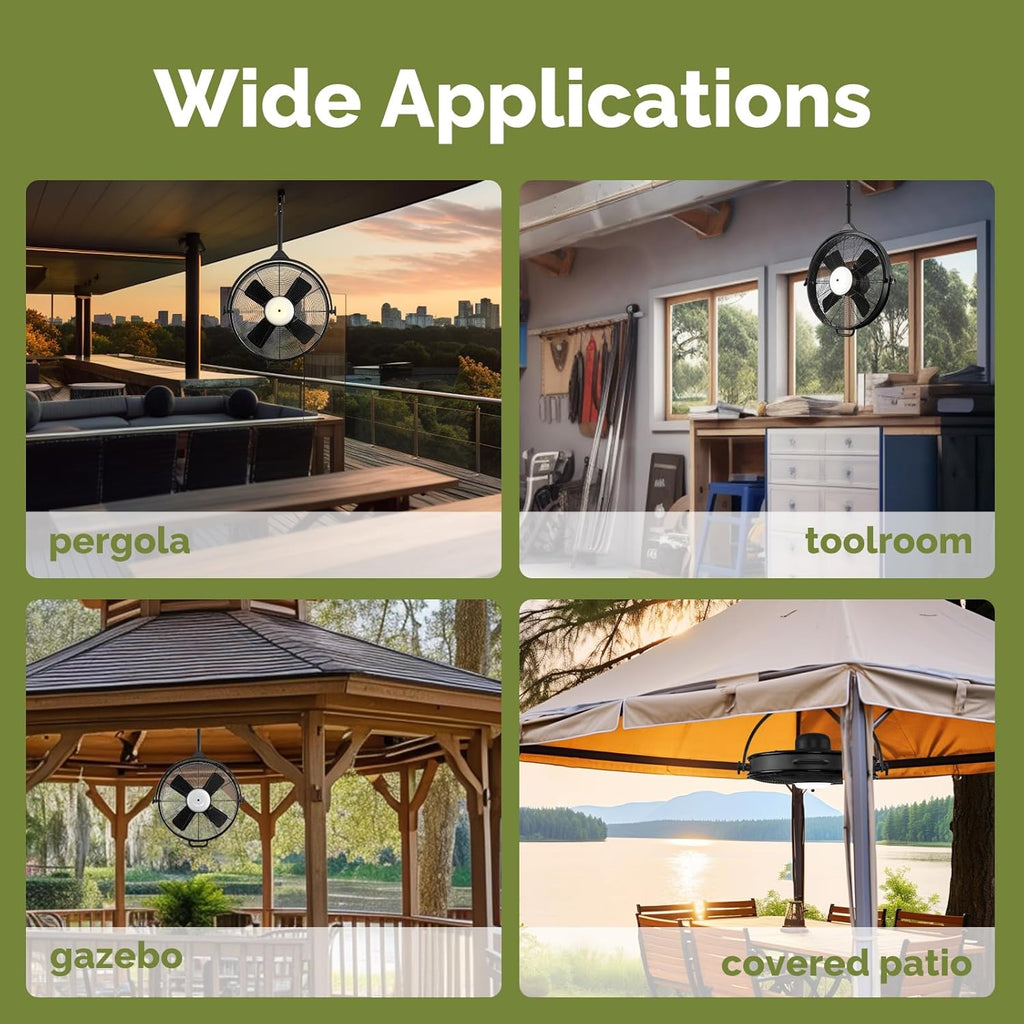 Orison 24.8'' Waterproof Outdoor Ceiling Fan, 6 Speed Ceiling Mounted Plug-In Cord Garage Fan with Remote&APP, 360-degree Manual Vertical Rotation, Hook hanging for Gazebo, Patio, Pergola (Black)