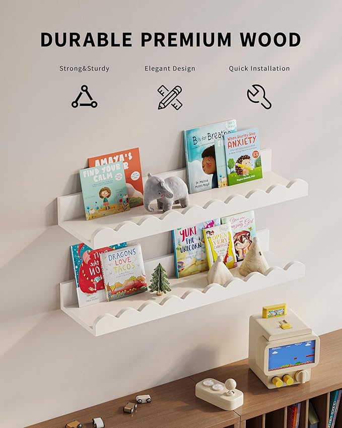 G&W Gruwald Nursery Book Shelves, Set of 3, Nursery Decor for Baby and Toddler, Scalloped Shelves, Book Shelf for Kids Rooms, Wall Book Shelf for Bedroom Kids