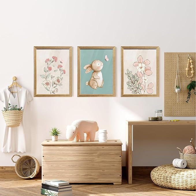 arfitest Nursery Wall Art Cute Bunny Botanical Flowers Wall Decor Pink Green Nursery Pictures Posters Girl Bedroom Canvas Prints gifts for Baby Boys and Girls Playroom paintings 12x16inch