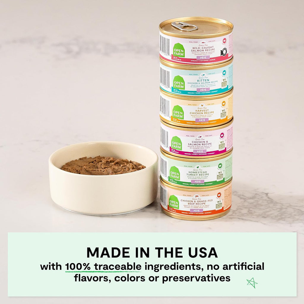 Open Farm Canned Cat Food, Paté for Complete & Balanced Nutrition, Grain-Free and Legume-Free Wet Cat Food, Chicken & Salmon Recipe, 2.8oz Cans (Case of 18)