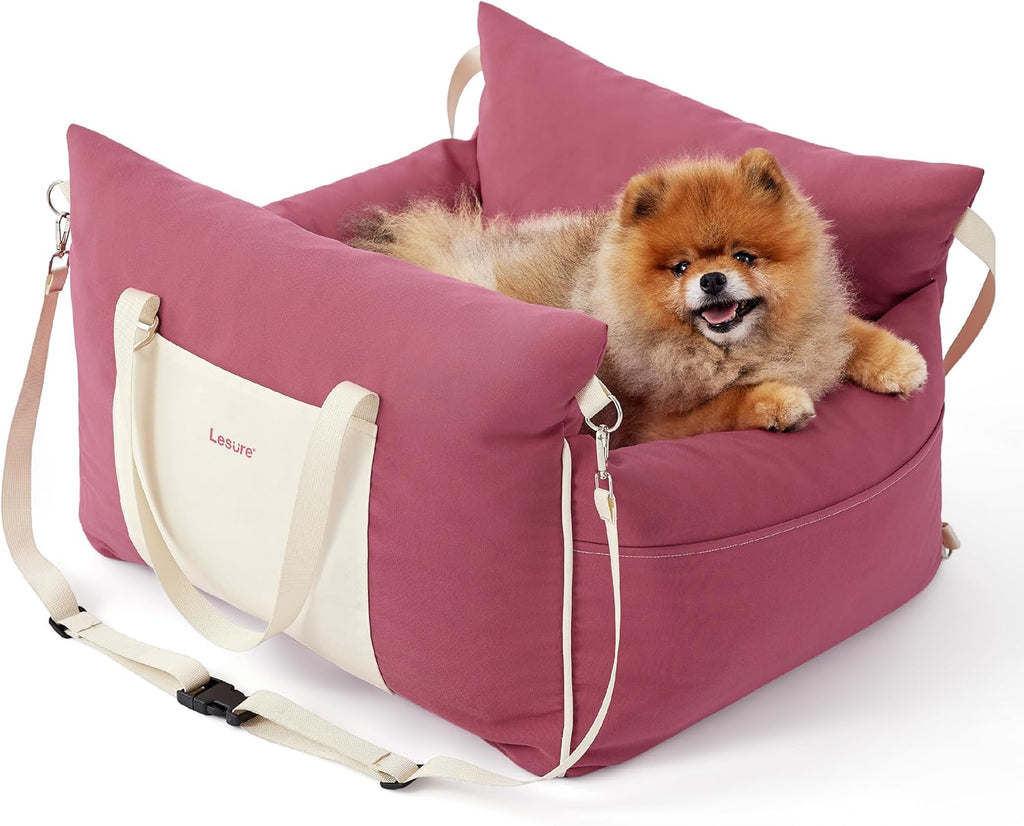 Lesure Small Dog Car Seat for Small Dogs - Waterproof Dog Booster Seat for Car with Storage Pockets and Clip-On Safety Leash and Thickened Memory Foam Filling, Pet Travel Carrier Bed Rose Red