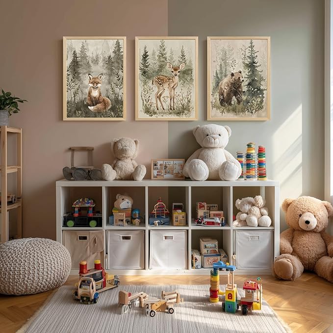 kilamino Wood Framed Woodland Animal Nursery Wall Art, Cute Fox Bear Deer Wall Decor, Neutral Wildlife Animal Art Prints, Funny Nature Forest Animal Canvas Paintings for Baby Room Playroom 16"x24"x3
