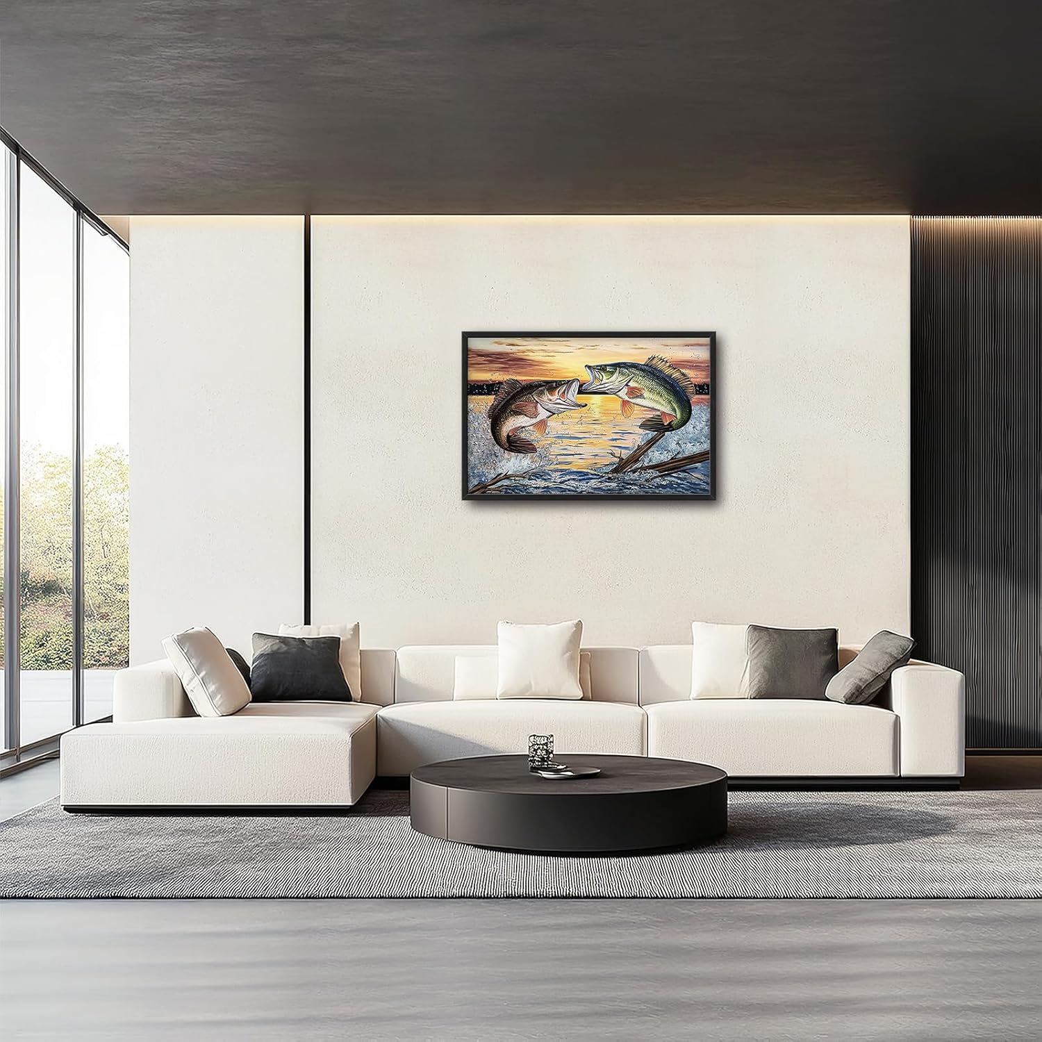 Large Fish Wall Art for Living Room, Framed Bass Fishing Wall Decor, Oversized Rustic Sunset Lake Canvas Painting Fish Pictures Modern Artwork Home Decoration for Living Room Bedroom Office 36"x24"