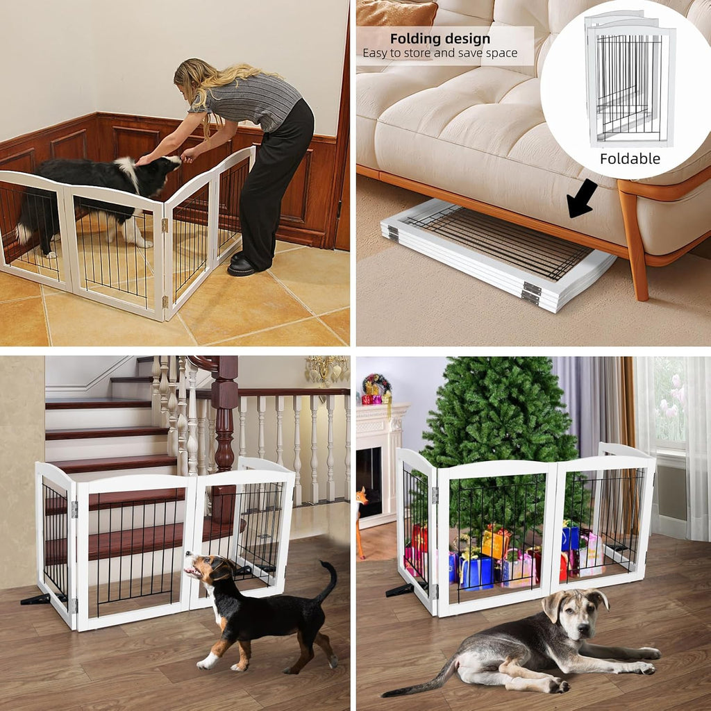ZJSF Freestanding Dog Fence Indoor, Foldable Dog Gate for Doorways, Stairs or Hallways, Sturdy Wood Extra Wide Pet Gate with Support Feet for The House, White, 32 "Height-3 Panels