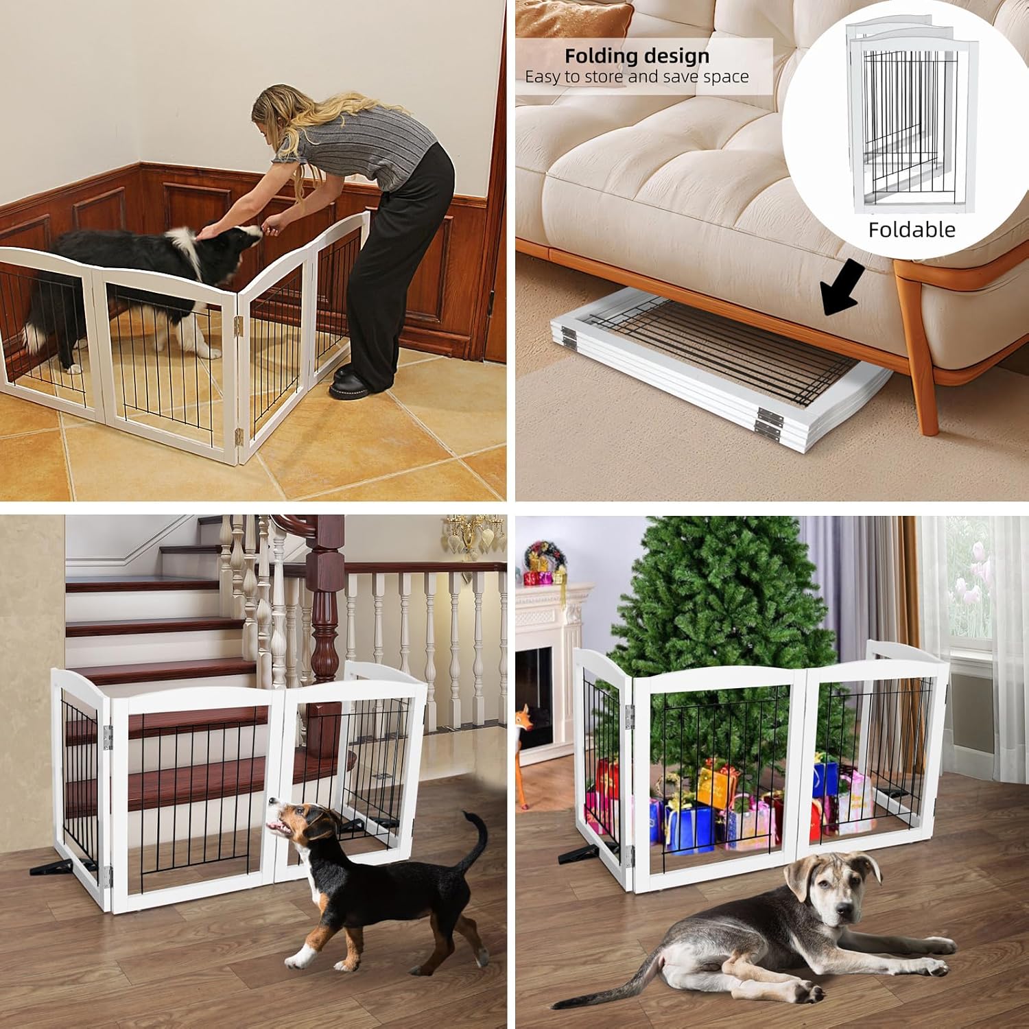 ZJSF Freestanding Dog Fence Indoor, Foldable Dog Gate for Doorways, Stairs or Hallways, Sturdy Wood Extra Wide Pet Gate with Support Feet for The House, White, 32 "Height-3 Panels