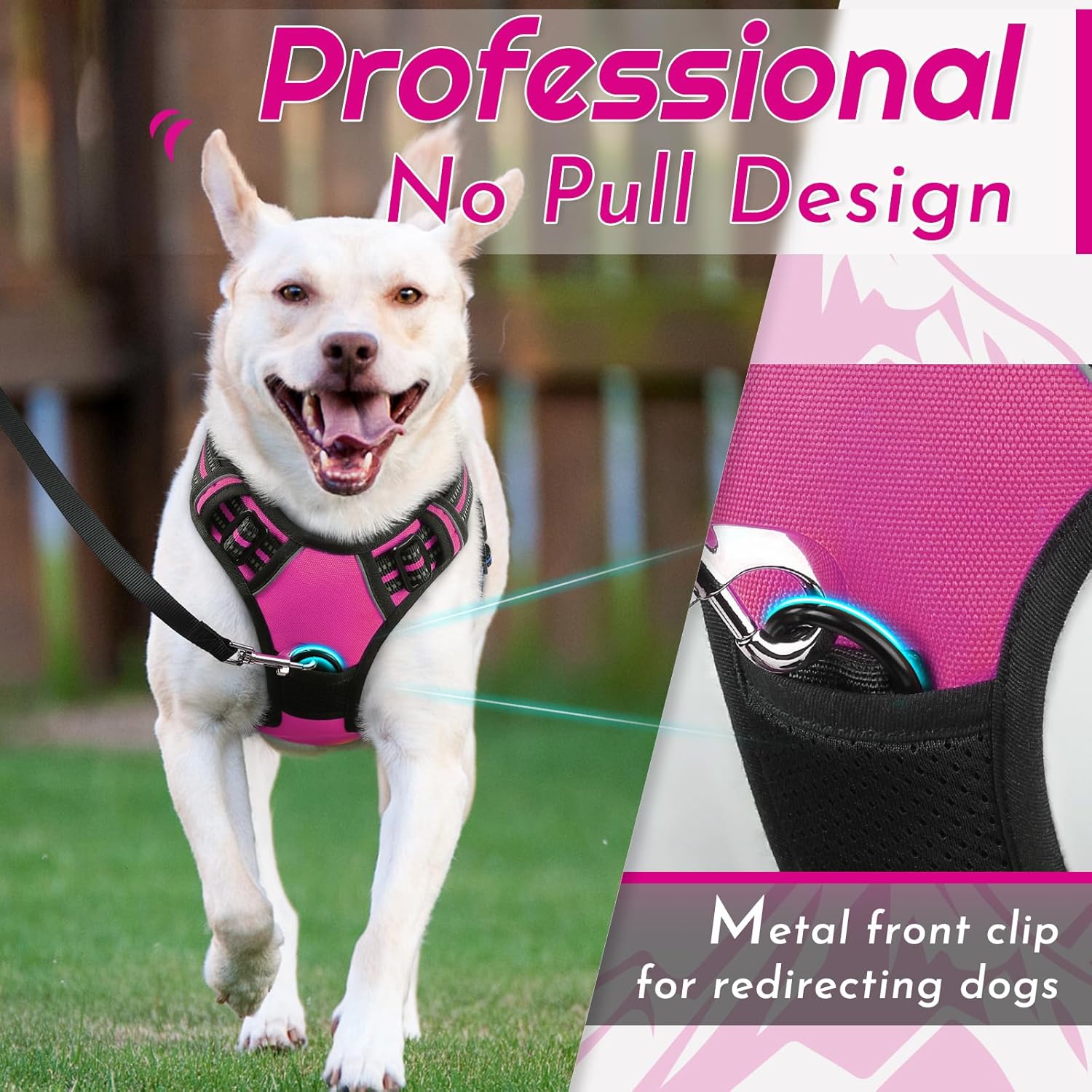 Eagloo Dog Harness for Large Dogs, No Pull Service Vest with Reflective Strips and Control Handle, Adjustable and Comfortable for Easy Walking, No Choke Pet Harness with 2 Metal Rings, Rose Red, L