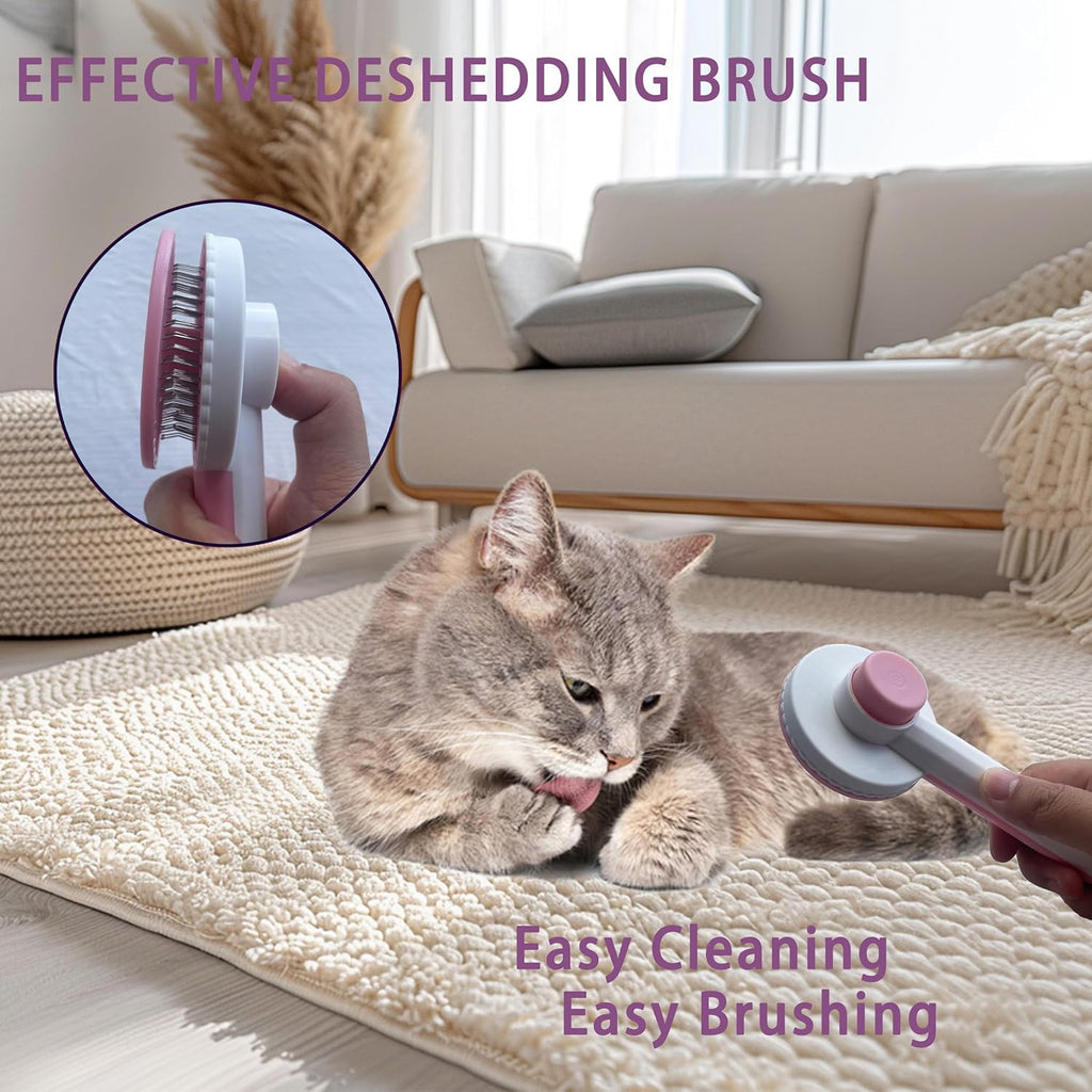 Cat Grooming Brush Kit 6 Tools - Deshedding & Dematting for Long/Short Hair, Self-Cleaning Slicker Brush with 6-in-1 Flea Comb for Cats & Kittens (Pink)
