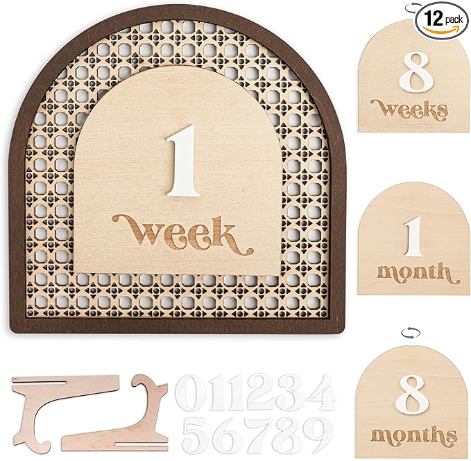 Baby Monthly Milestone, Wooden Baby Milestone Signs, Monthly Milestone Wood Discs, Baby Milestone Discs (3D Rattan)