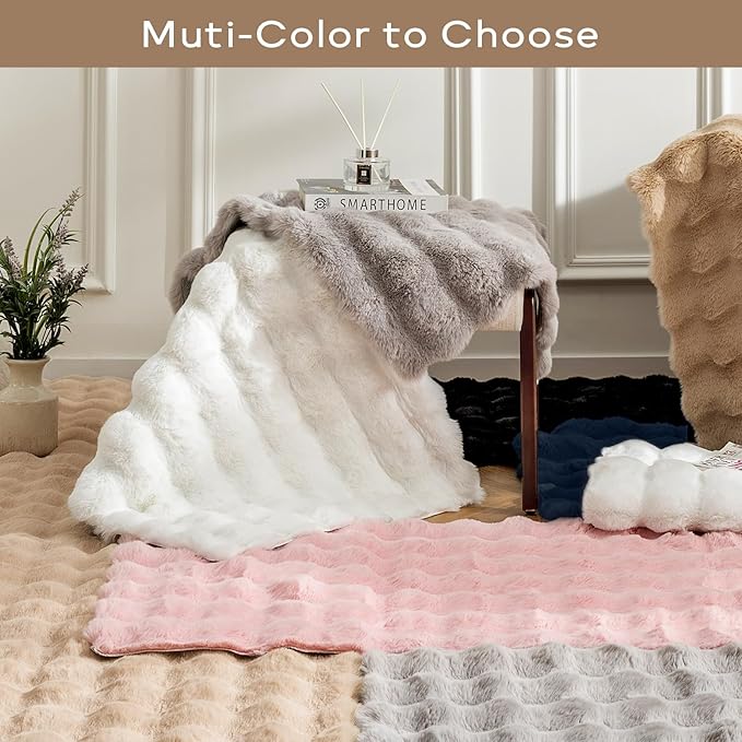 Ashler Faux Rabbit Fur Area Rug, Pink 5x7 FT Fluffy Soft Rectangle Fuzzy Carpet for Living Room, Bedroom, Machine Washable Shaggy Nursery Rug - 3D Bubble Rug