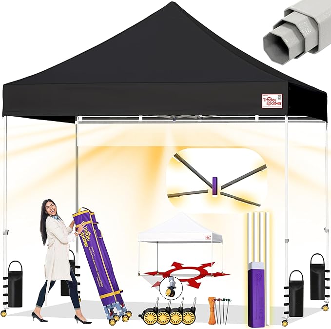 Tradesparker 10x10 Pop Up Canopy Tent,Commercial Movable Canopy with ApexCore LED & Rugged Casters-Instant Easy Setup Shelter Canopies with Weight Bags & Stakes for Oudoor Events Markets Vendors,Black